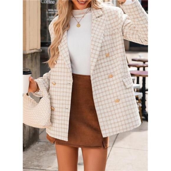 Women's Plaid Tweed Blazer Long Sleeve Double Breasted Open Front Jacket Suit - Picture 2 of 7